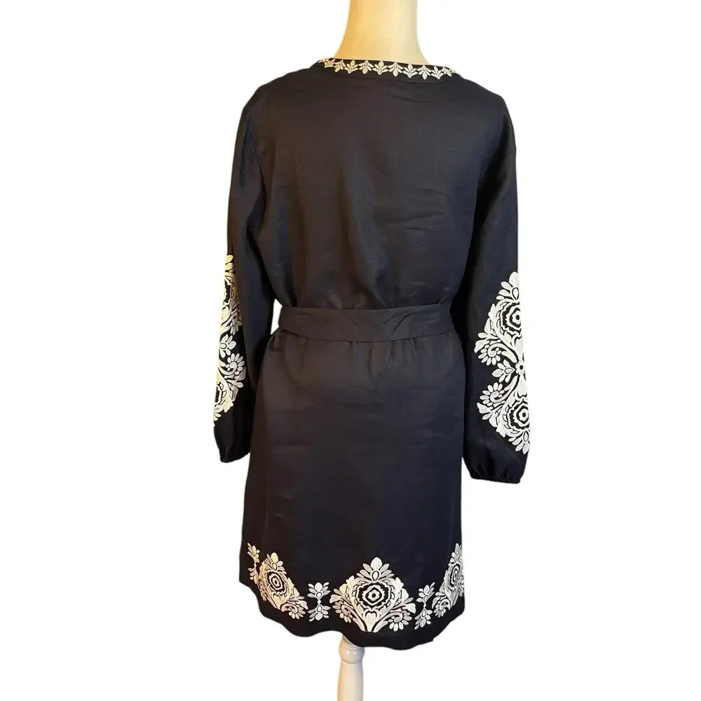 Boden Cleo Embroidered Linen Dress Navy White Long Sleeve Belted Size 14 - Picture 9 of 10